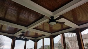 coffered ceiling, lights and fan for 3 season room